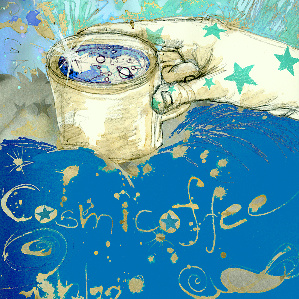 "Cosmic Coffee" aus Kaffee und Bleistift, digital koloriert
